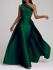 cheap PINK-Beach Wedding Sheath Evening Gown Elegant Dress Wedding Guest Cocktail Party Floor Length Sleeveless One Shoulder Satin with Overskirt Pure Color 2025