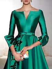 ieftine Rochii Cocktail-Rochii Cocktail A-Line Rochie Elegantă Invitată la Nuntă Lungime de Ceai Mâneci 3/4 Gât în V Satin cu Fundiță(țe) Aplicații Rochii