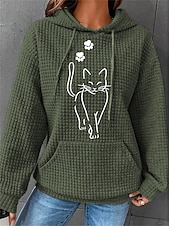 cheap Sport Hoodie-Women&#039;s Sporty ChicOversized Hoodie Sweatshirt Pullover Active Sportswear Textured Cat Casual Sports Hoodie Drawstring Print Front Pocket Long Sleeve Black White Pink Green Gray Fall &amp; Winter