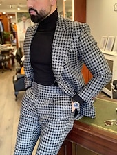 billige Semi-formelle dresser-Menn Bryllup Tweed dresser Spiss Svart Brun rutete Skreddersydd 2-delt sett Enkelt Brystet Enn-knapp