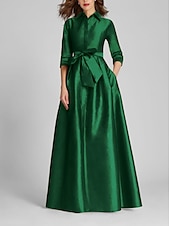preiswerte GELB-A-Linien-Abendkleid Champagner Gold Minimalistisches Kleid Formal Hochzeitsgast Bodenlang Halber Ärmel Hemdkragen Satin mit Schleife(n) Falten