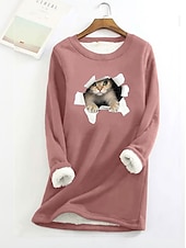 お買い得  フリースライニングのスウェットシャツ-女性用 猫 あたたか ファジー 長袖 ラウンドネック クルーネック ロングトップス カジュアル スポーツ ブラック イエロー ピンク ダークピンク ルビーレッド 秋冬