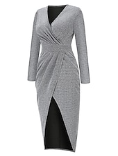 baratos Vestido Simples-Mulheres Vestido preto Vestido de festa Vestido de convidada de casamento Franzido Fenda Decote V Manga Longa Formal Roupa de inverno Prata Preto Primavera Inverno