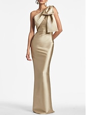 preiswerte SCHWARZ-Meerjungfrau Abendkleid Elegantes Kleid Formeller Hochzeitsgast Knöchellang Ärmellos Eine Schulter Satin mit Schleife(n) Schlitz Maskeradenkleid 2025