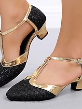 economico Scarpe da ballo di sala e danza moderna-Scarpe da ballo latino da donna con cinturino a T e glitter dorati, scarpe con tacco basso per balli da sala, salsa e tango.
