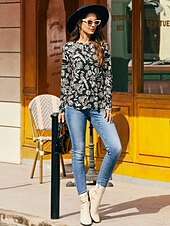 baratos camisas, tops e blusas-blusa camisa com estampa floral gola redonda