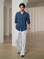 billiga lyxiga linneskjortor-10% linne Button-Down Herr Skjorta linneskjorta Vit Rodnande Rosa Marinblå Långärmad Ensfärgat Krage Vår &amp; sommar Ledigt Dagligen Kläder