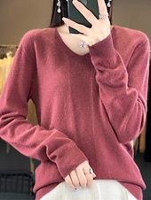 billiga Solida färger-Dam Pullover tröja Mode Ledigt Mjukt Ensfärgat Ribbad V-hals Stickat Långärmad Vanliga toppar Sticka Utomhus Dagligen Utekväll Skogsgrön Körsbärsröd Höst Vinter