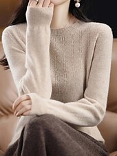 billiga Solida färger-Dam Pullover tröja Mode Streetwear Ledigt Ensfärgat Ribbad Rund hals Stickat Långärmad Vanliga toppar Sticka Utomhus Hem Dagligen Körsbärsröd Räkor Rosa Höst Vinter
