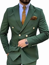 baratos Fatos formais-Ternos Masculinos para Casamento Trajes de Homecoming Verde Escuro Cor Sólida Ajuste Padrão 2 Peças Com Seis Botões