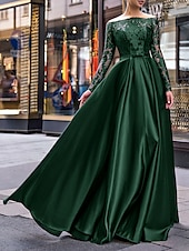 levne červená-A-Liniová večerní šaty Elegantní šaty Svatební host Podzim Šaty až na zem Dlouhý rukáv Off ramínka Pásek  Stuhy Satén s aplikacemi