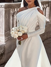 abordables robes de mariée décontractées-Robe de mariée formelle deux pièces à une épaule en satin longueur de sol avec ceinture  ruban perlé 2025