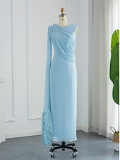 preiswerte BLAU-Sheath Abendkleid elegantes Kleid formelles Fall-Sweep-/Pinselzug ärmelloses Cowl-Ausschnitt Chiffon mit Feder Raffung Schlitz 2025