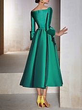 ieftine Rochii Cocktail-Rochii Cocktail A-Line Rochie Elegantă Invitată la Nuntă Lungime de Ceai Mâneci 3/4 Gât în V Satin cu Fundiță(țe) Aplicații Rochii