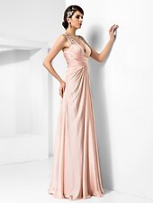 cheap Weddings &amp; Events-Sheath / Column V Neck Floor Length Satin Chiffon Dress with Beading / Criss Cross by TS Couture®