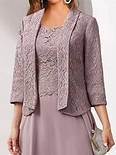 preiswerte Kleidersets-Damen Kleid-Set Spitzenkleid abendkleider Chiffon-Kleid Elegant Modisch Glatt Spitze Patchwork Midikleid 3/4 Ärmel Rundhalsausschnitt Outdoor Party Rosa Herbst Winter Lockere Passform