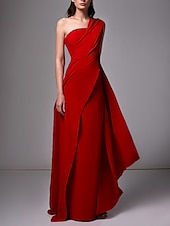 baratos VERMELHO-Vestido de Gala na Praia Tipo Tubo Elegante Vestido Formal Comprimento da Barragem Sem Mangas Um Ombro Chiffon Stretch com Pregas Franzido Fantasia 2025