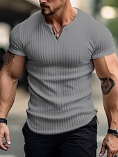 cheap Ribbed Knit Tee-Men&#039;s T Shirt Ribbed Knit tee Tee Top Short Sleeves V Neck Summer Plain Pit Strip Fashion Designer Basic Vacation Street Going out Black White Khaki Top Tee for Men