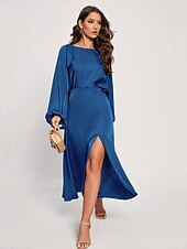 billiga Blommiga klänningar-kvinnors gästklänning för bröllop koboltblå elegant cocaktail midiklänning satin dolman långärmad främre slits båthals