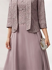 preiswerte Kleidersets-Damen Kleid-Set Spitzenkleid abendkleider Chiffon-Kleid Elegant Modisch Glatt Spitze Patchwork Midikleid 3/4 Ärmel Rundhalsausschnitt Outdoor Party Rosa Herbst Winter Lockere Passform