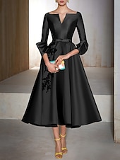 ieftine Rochii Cocktail-Rochii Cocktail A-Line Rochie Elegantă Invitată la Nuntă Lungime de Ceai Mâneci 3/4 Gât în V Satin cu Fundiță(țe) Aplicații Rochii