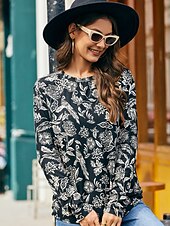 baratos camisas, tops e blusas-blusa camisa com estampa floral gola redonda