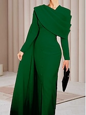 abordables ROUGE-Robe Svelte Rouge Noir Rouge Vert de Noël Robe de Soirée Élégante Robe Cape Formelle Automne Traîne Balayée  Brosse Manches Longues Col Boulé Tissu Extensible avec Boutons Fente robe à impressionner