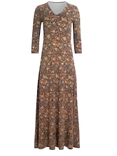 billige Elegante blomsterkjoler-kvinners vinterkjole t-skjortekjole tee-kjole floral stammelomme v-hals lang kjole maxikjole vintage etnisk daglig langermet høst vinter