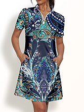 cheap Golf Dresses-Women&#039;s Golf Dress Dark Navy Light Blue Short Sleeve Sun Protection Dress Paisley Ladies Golf Attire Clothes Outfits Wear Apparel