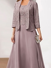preiswerte Kleidersets-Damen Kleid-Set Spitzenkleid abendkleider Chiffon-Kleid Elegant Modisch Glatt Spitze Patchwork Midikleid 3/4 Ärmel Rundhalsausschnitt Outdoor Party Rosa Herbst Winter Lockere Passform