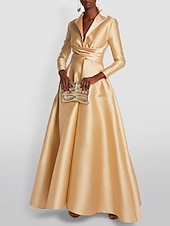 abordables Champagne-Robe de soirée en A robe élégante robe tuxedo invitée de mariage longueur de sol à manches longues col chemise satin avec fronces 2025