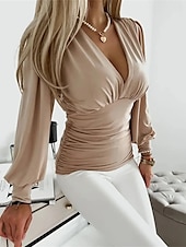 economico Top eleganti-camicetta da donna camicetta elegante top moda manica lunga top regolari scollo a V casual nero rosso cachi primavera&amp;amp;  autunno