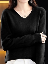 billiga Solida färger-Dam Pullover tröja Mode Ledigt Mjukt Ensfärgat Ribbad V-hals Stickat Långärmad Vanliga toppar Sticka Utomhus Dagligen Utekväll Skogsgrön Körsbärsröd Höst Vinter