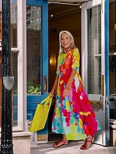 economico Abiti Falsi Essenziali-Per donna Abito Lungo Maxi Abito Finto cotone e lino Vestito a caftano Abito Estivo Abito Stampato Moda Moderno Quotidiano All'aperto Vacanza Vestibilità comoda Floreale Manica Corta Girocollo Giallo