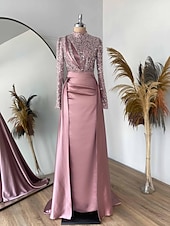 olcso ZÖLD-Felsőréteg Estélyi Ruha Elegáns Ruha Formális Hosszan Fésült  Kefe Vonat Hosszú Ujjú Ékszer Nyak Sátén Pliszekkel Ráncos Flitter
