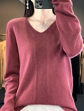 billiga Solida färger-Dam Pullover tröja Mode Ledigt Mjukt Ensfärgat Ribbad V-hals Stickat Långärmad Vanliga toppar Sticka Utomhus Dagligen Utekväll Skogsgrön Körsbärsröd Höst Vinter