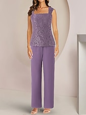 economico Tailleur pantalone della mamma-Tuta  abito intero 3 pezzi madre della sposa invitata al matrimonio elegante collo quadrato lunghezza caviglia in chiffon pizzo maniche mezze con applicazioni