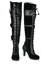 Cizme gotice peste genunchi pentru femei, cu șireturi – tocuri lolita negre din catifea cu funde din satin pentru Halloween, cosplay și petreceri de inspirație vintage