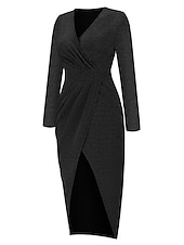 baratos Vestido Simples-Mulheres Vestido preto Vestido de festa Vestido de convidada de casamento Franzido Fenda Decote V Manga Longa Formal Roupa de inverno Prata Preto Primavera Inverno