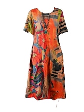 abordables Robes Floraux Imprimés-robe longue Femme Robe t-shirt Manche Courte Printemps Eté - Rétro Vintage Casual Imprimer Imprime Abstrait A Ombre Col Ras du Cou du quotidien Vacances 2023 Orange Vert M L XL 2XL 3XL 4XL