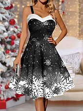 preiswerte Weihnachtskleider-Damen Polyester Winterkleid Unterkleid Schneeflockendruck Träger Midikleid Party Date Ärmellos Herbst Winter