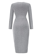 baratos Vestido Simples-Mulheres Vestido preto Vestido de festa Vestido de convidada de casamento Franzido Fenda Decote V Manga Longa Formal Roupa de inverno Prata Preto Primavera Inverno