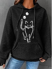 cheap Sport Hoodie-Women&#039;s Sporty ChicOversized Hoodie Sweatshirt Pullover Active Sportswear Textured Cat Casual Sports Hoodie Drawstring Print Front Pocket Long Sleeve Black White Pink Green Gray Fall &amp; Winter