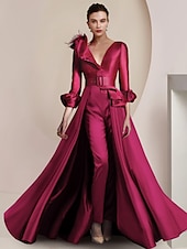 cheap Mom&#039;s Jumpsuits-Two Piece Jumpsuit / Pantsuit Mother of the Bride  Formal Wedding Guest Elegant Party V Neck Ankle Length Satin 3/4 Length Sleeve with Feather Sash / Ribbon 2025 free custom size