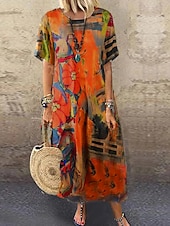 abordables Robes Floraux Imprimés-robe longue Femme Robe t-shirt Manche Courte Printemps Eté - Rétro Vintage Casual Imprimer Imprime Abstrait A Ombre Col Ras du Cou du quotidien Vacances 2023 Orange Vert M L XL 2XL 3XL 4XL