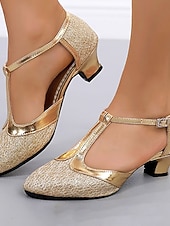 economico Scarpe da ballo di sala e danza moderna-Scarpe da ballo latino da donna con cinturino a T e glitter dorati, scarpe con tacco basso per balli da sala, salsa e tango.
