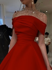 preiswerte Sekt-A-Linie Abendkleid Elegantes Kleid Formal Bodentiefe Kurzarm Illusion Ausschnitt Satin mit Raffung Perlen