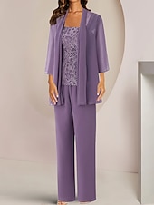 economico Tailleur pantalone della mamma-Tuta  abito intero 3 pezzi madre della sposa invitata al matrimonio elegante collo quadrato lunghezza caviglia in chiffon pizzo maniche mezze con applicazioni