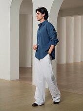 billiga lyxiga linneskjortor-10% linne Button-Down Herr Skjorta linneskjorta Vit Rodnande Rosa Marinblå Långärmad Ensfärgat Krage Vår &amp; sommar Ledigt Dagligen Kläder