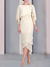 economico Lunghezza del tè-Abito a tubino da spiaggia per la madre della sposa abito per invitata elegante petite scollo rotondo lunghezza tè in chiffon maniche a 3/4 con applicazioni in pizzo taglia personalizzata gratuita